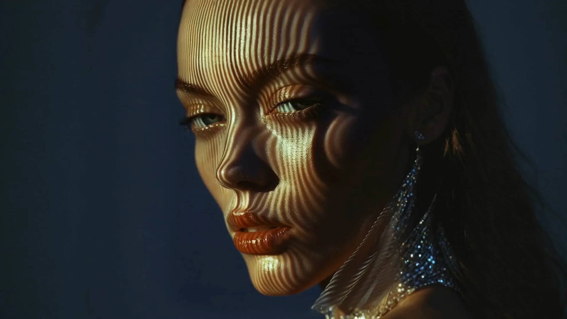 A face crossed by stripes of light — a frame from Zima Beauty, a site in our collection.